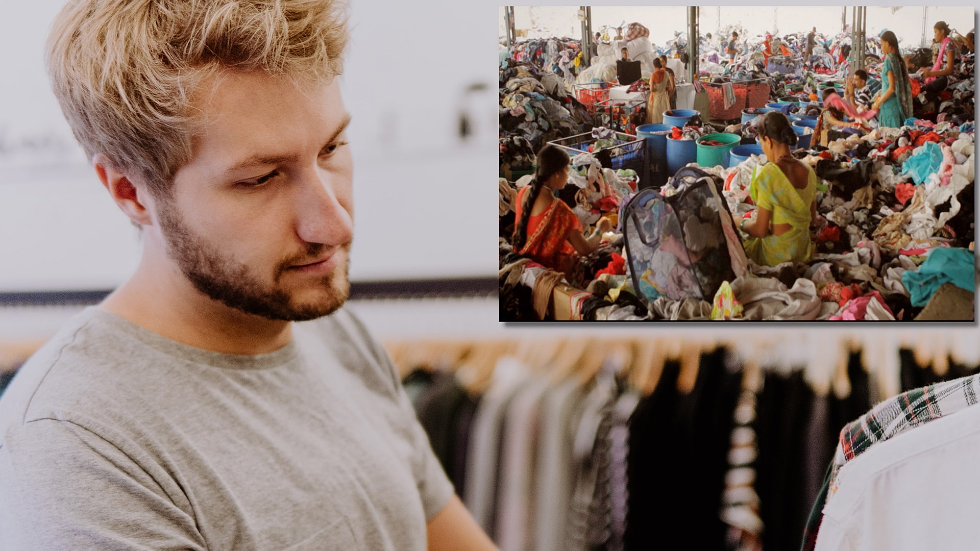 Mann vor Kleiderständer und Frauen mit Kleidung