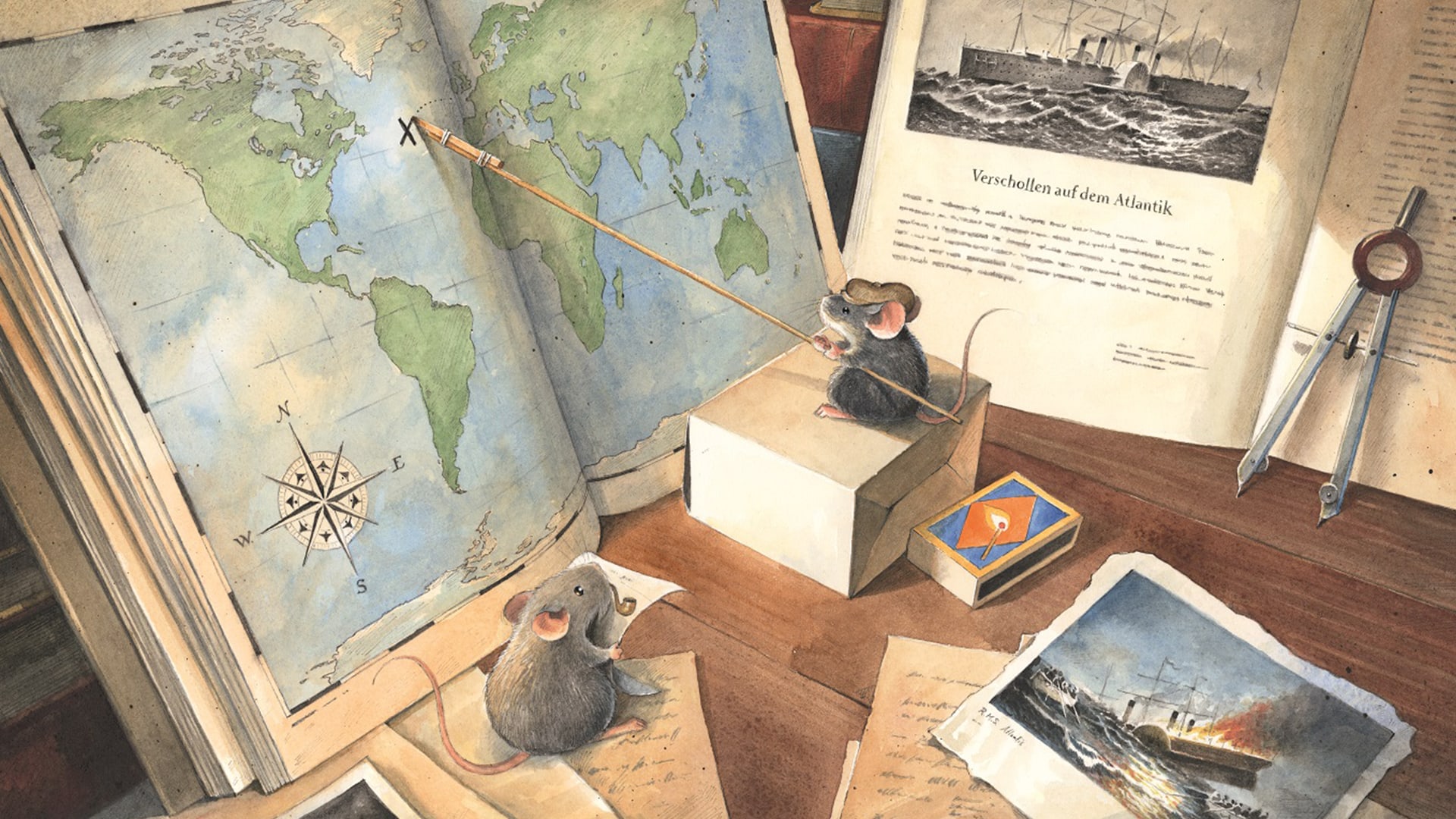 Illustration mit zwei Mäusen, die eine Weltkarte in einem Buch anschauen