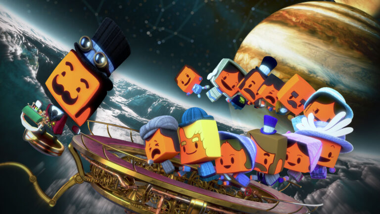 Stilisiertes Raumschiff mit würfelförmigen Figuren fliegt durch das Sonnensystem, angeführt von einem Charakter mit Zylinder und Schnurrbart.