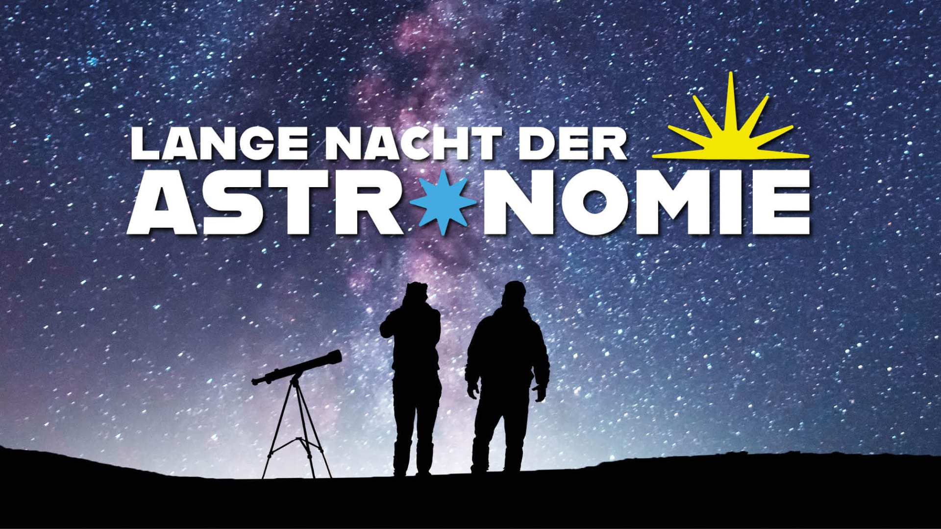 Zwei Personen und ein Teleskop vor sternenklarem Nachthimme, darüber der Schriftzug ‚Lange Nacht der Astronomie