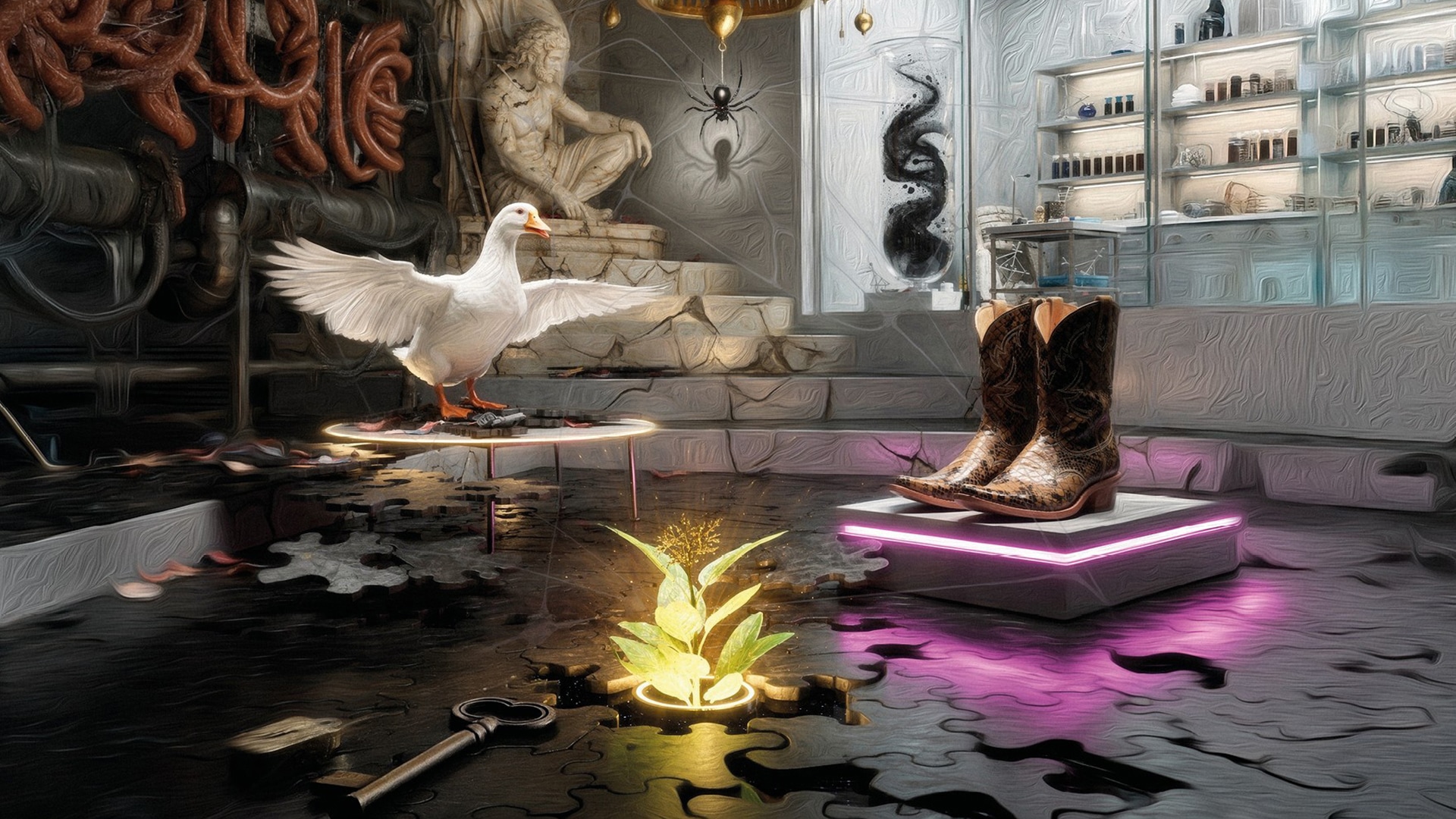 Illustration mit einer Gans und Cowboystiefeln