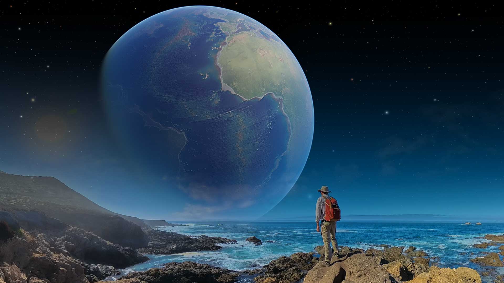 Robert Mayer Lecture Keyvisual mit Forscher an Felsküste und Erde am Sternenhimmel