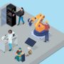 Berufspraxistag Heilbronn – isometrische Illustration mit Azubis in Technik, Labor und Handwerk