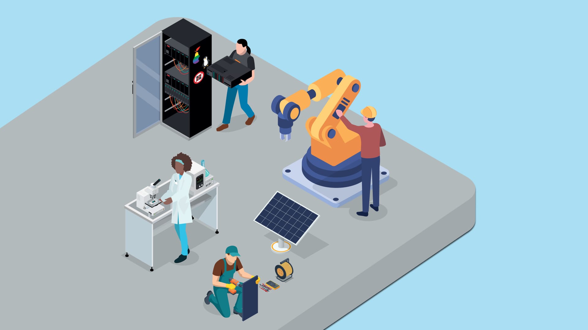 Berufspraxistag Heilbronn – isometrische Illustration mit Azubis in Technik, Labor und Handwerk