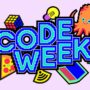 Buntes Code Week BW Logo mit Maskottchen-Krake und Programmier-Icons