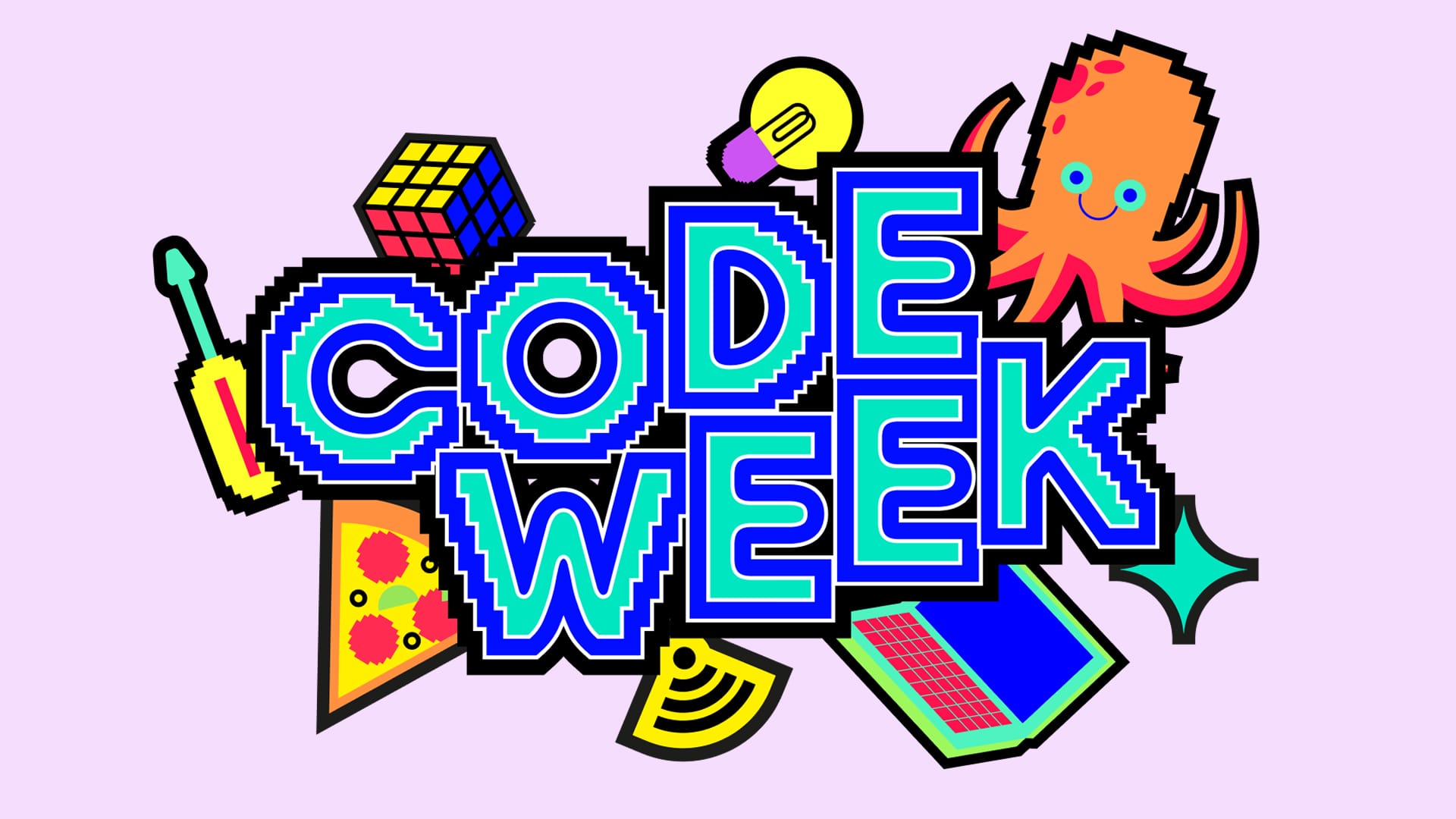 CodeWeek_experimenta_1920x1080 Buntes Code Week BW Logo mit Maskottchen-Krake und Programmier-Icons